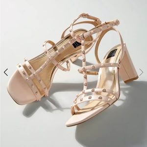 Strappy Studded Mid-Heel Sandal, Pastel pink color, size 6